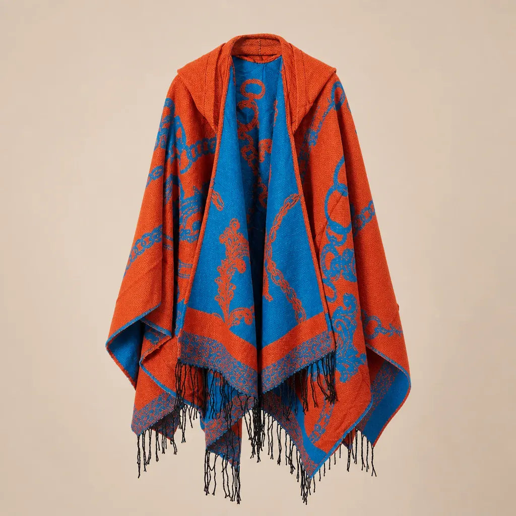 Ton poncho Poncho Franges À Capuche Motif Baroque