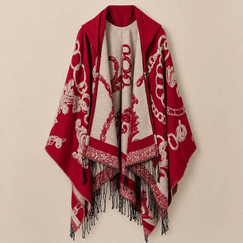 Ton poncho Poncho Franges À Capuche Motif Baroque