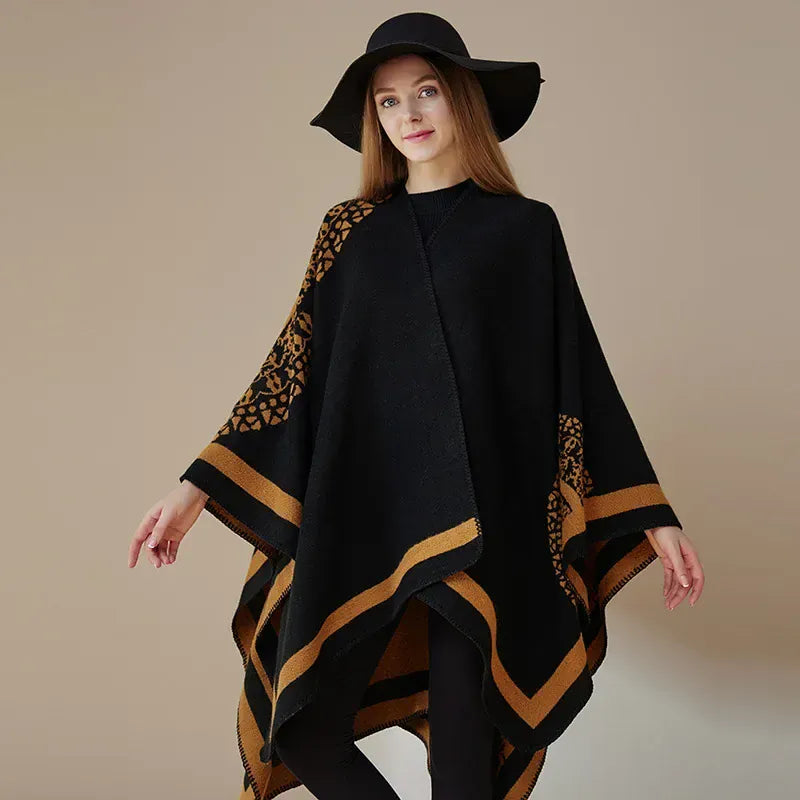 Ton poncho Poncho Jacquard Double Face Pour Femme Noir