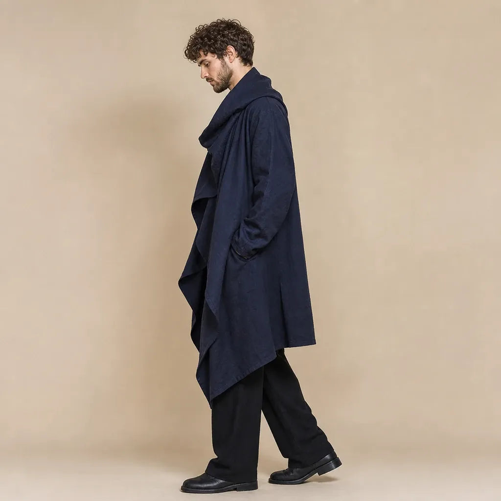 Ton poncho Trench homme bleu foncé ample et irrégulier à col écharpe